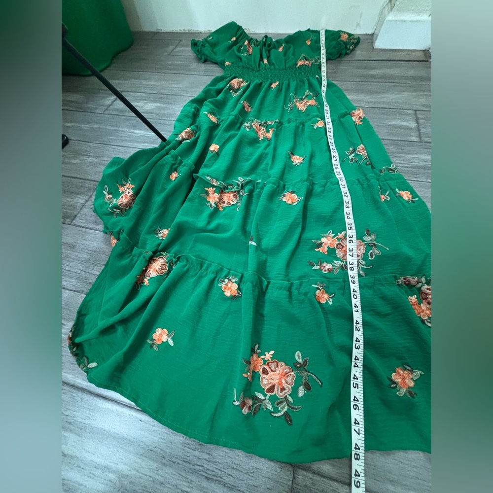 Anthropologie Kindred Green Floral Embroidered Smocked Tiered Cottagecore Maxi - Picture 9 of 11